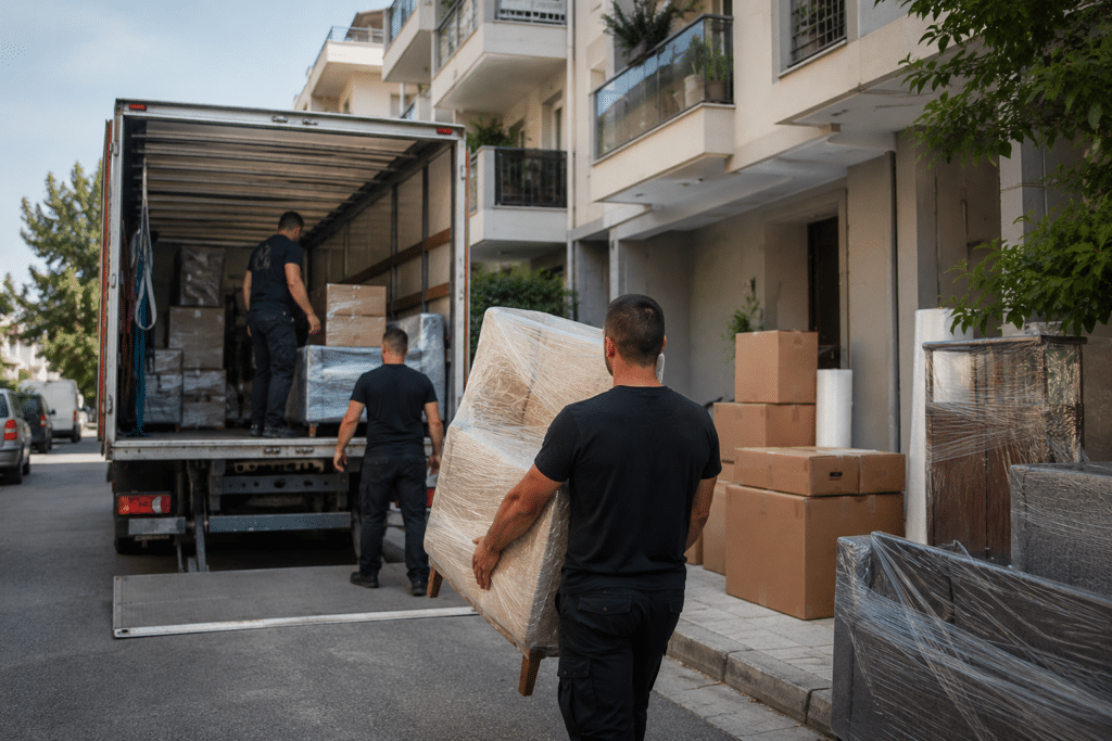 Επαγγελματικό συνεργείο μετακομίσεων σε πολυκατοικία στην Αθήνα κατά τη φόρτωση οικοσκευής