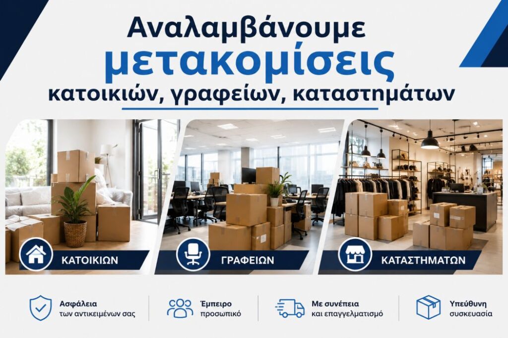 Μετακομίσεις ιδιωτών και επαγγελματιών στην Αθήνα με ασφαλή μεταφορά οικοσκευών και επαγγελματικού εξοπλισμού.