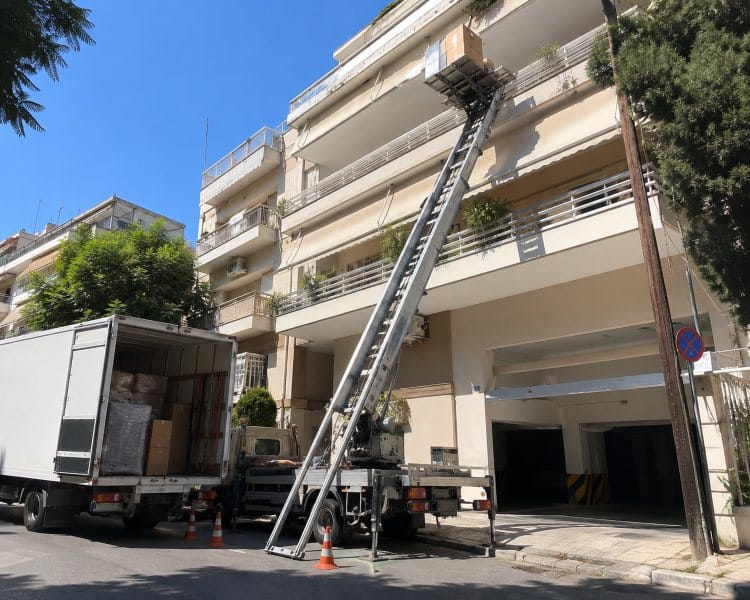 Ανυψωτικό μηχάνημα σε μετακόμιση πολυκατοικίας στην Αθήνα