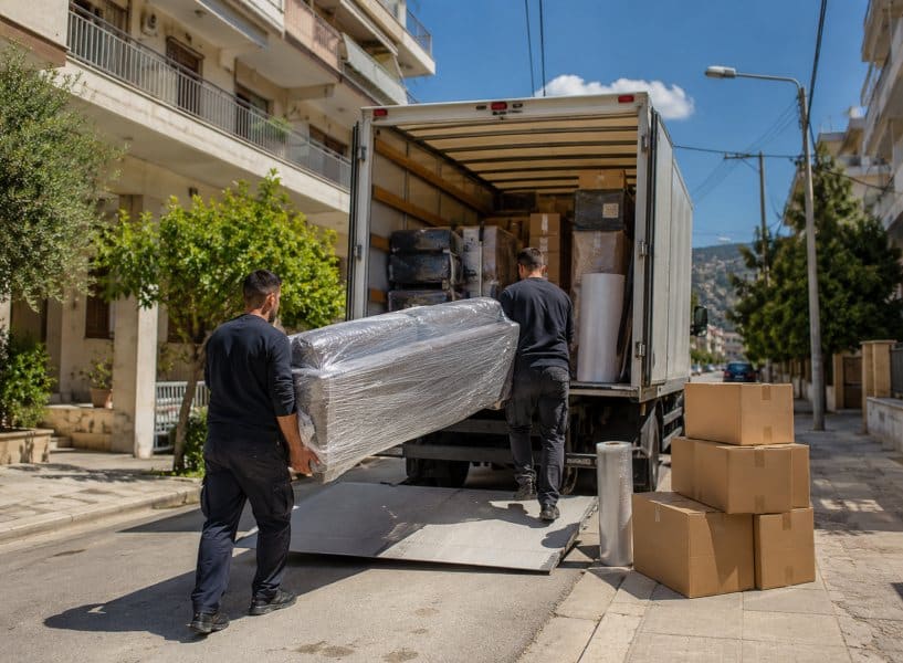 Συνεργείο μετακομίσεων μεταφέρει έπιπλα σε κατοικία κατά τη διάρκεια μετακόμισης στην Αθήνα